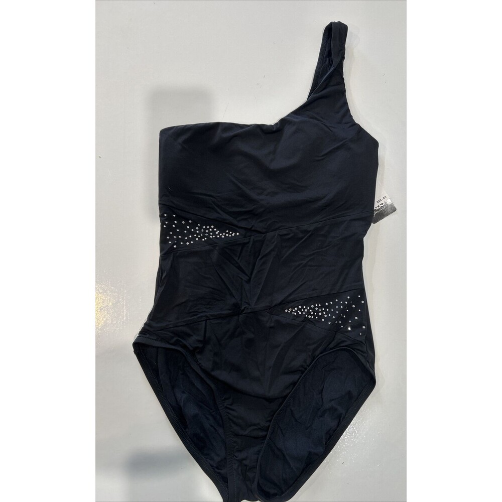Allen Schwartz One Piece Swimsuit 10 ABS Swimwear One Shoulder Black Sparkle